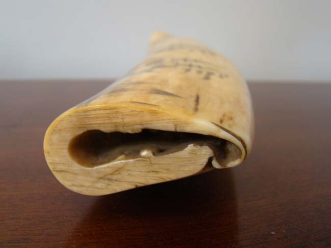 A 19th century Scrimshawed Whale's Tooth depicting a ship firing at an American fort and the fort firing back with its' cannons. — image 5